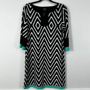 RM LL A-Line Shift Dress Chevron Print Keyhole Neck 3/4 Sleeve Women's 10